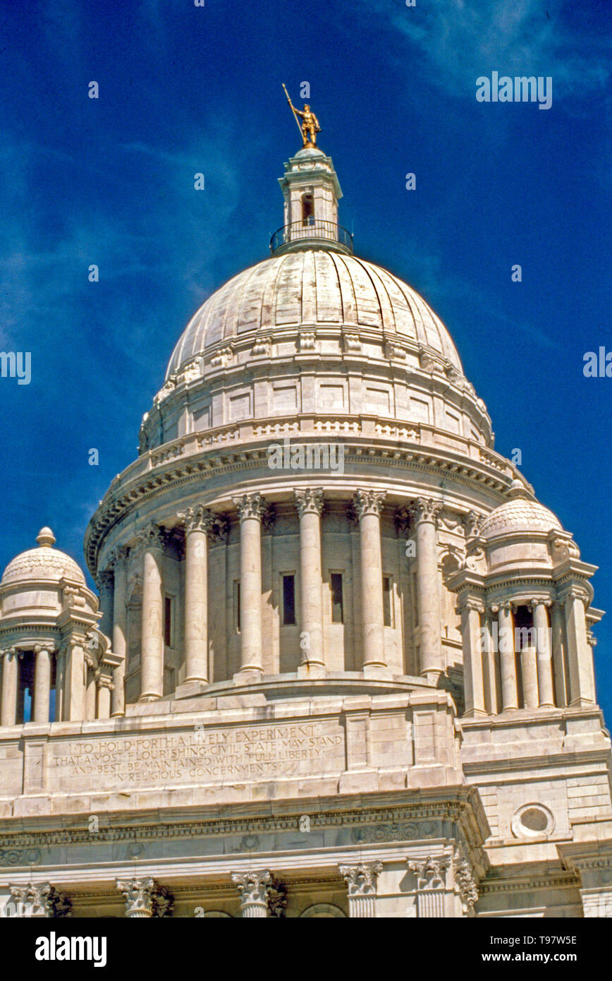 Built of Georgia marble and topped by a statue of The Independent Man, the domed neoclassical Rhode Island State House is the capitol of Rhode Island in the state capital city of Providence. Stock Photo