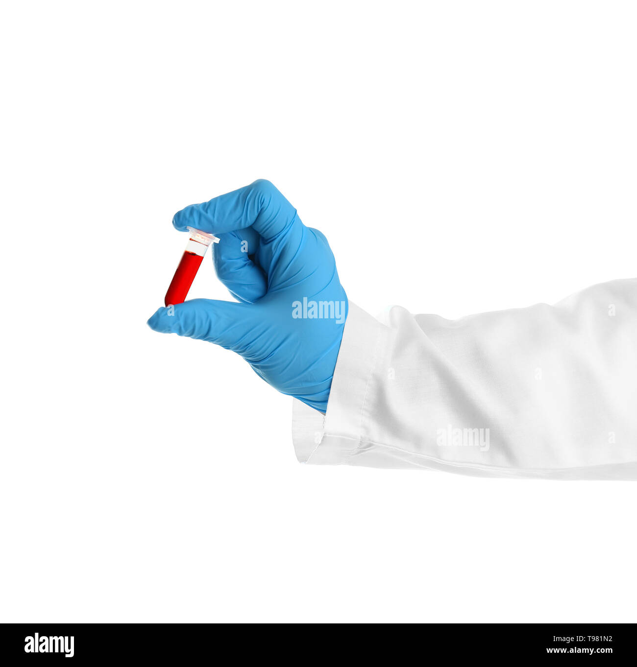 Hand of laboratory assistant holding test tube with blood sample on ...
