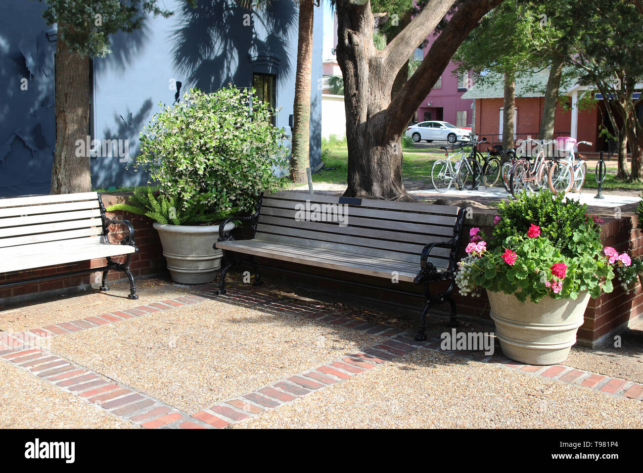 Wooden benches with flowers in the Amelia Island Historic District (Old Town), Fernandina Beach, Florida, USA Stock Photo