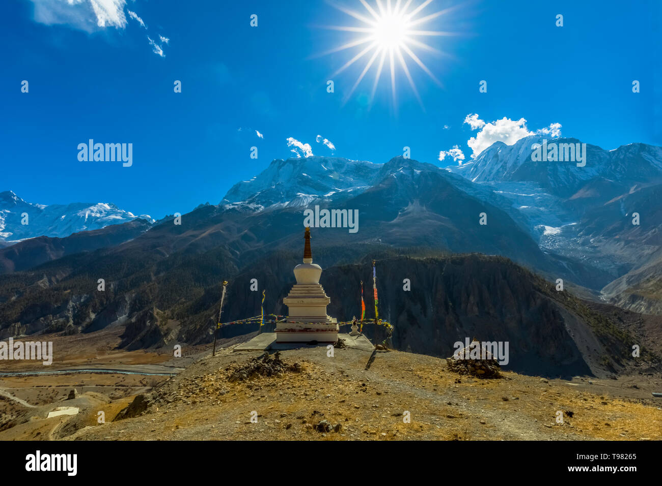 Traditional architecture stupa Manang village, surrounded mountains,Annapurna Conservation Area and annapurna circute.Manang Nepal Stock Photo
