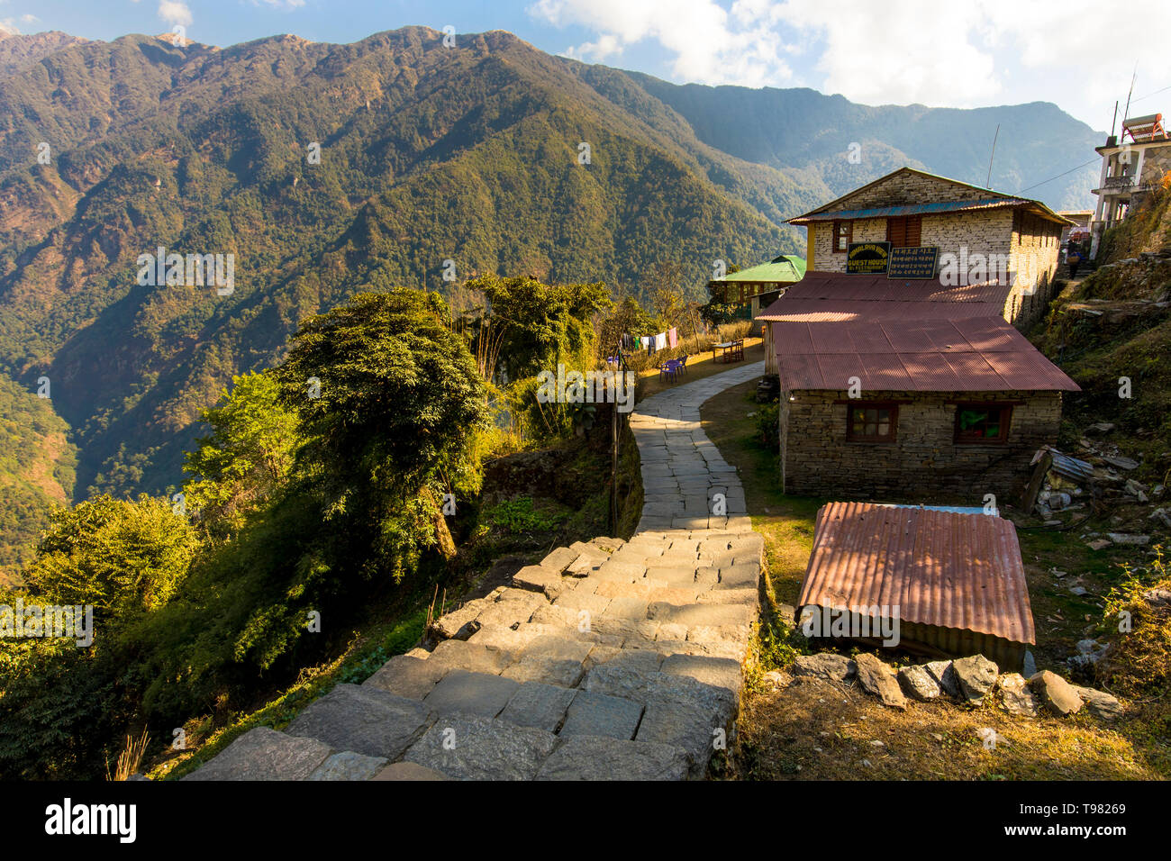 Traditional Buildings of Chhomarong village seen on the way to Annapurna base camp trek.18-12-2018, Chhomrong Nepal Stock Photo
