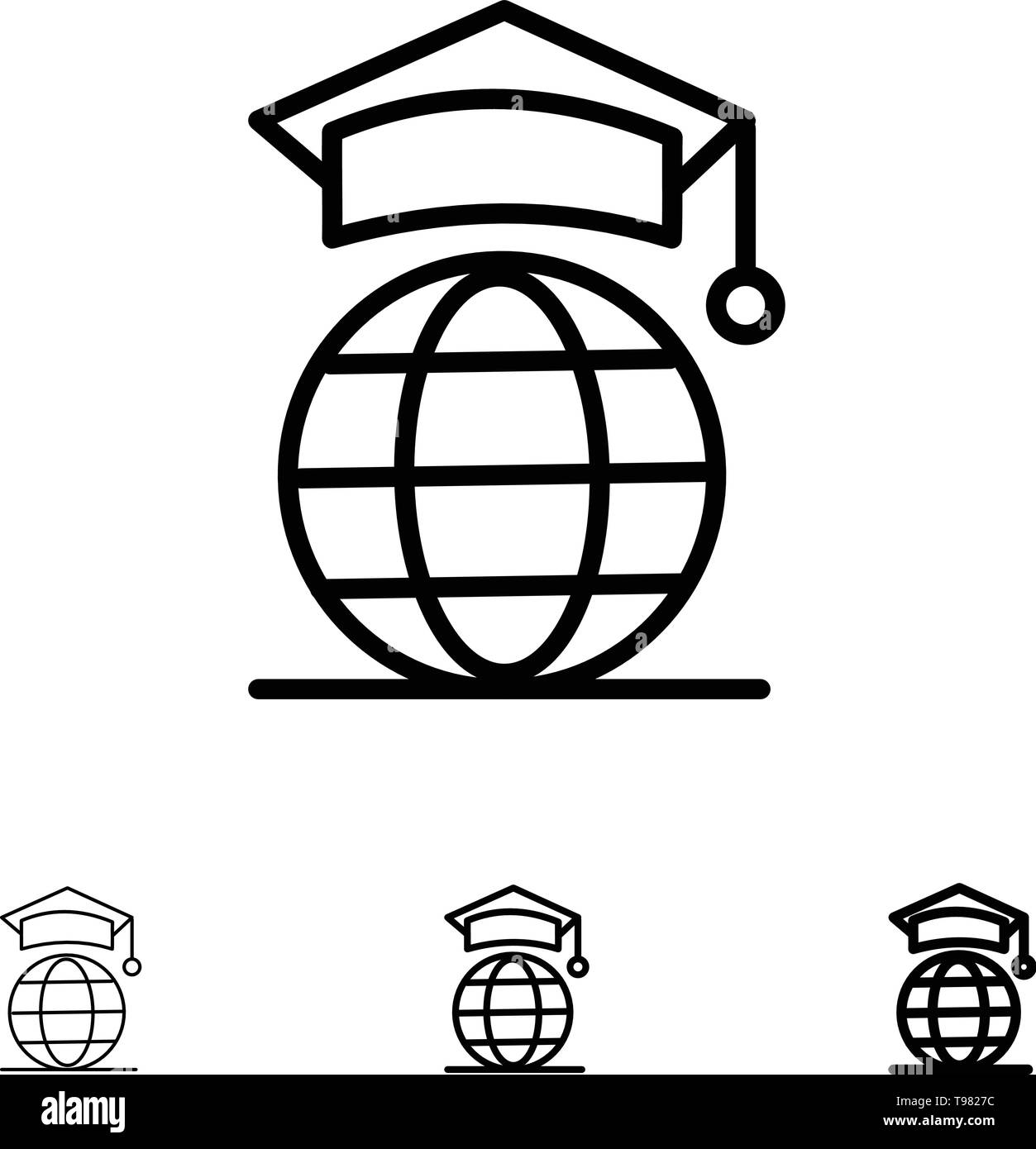 Globe, Internet, Online, Graduation Bold and thin black line icon set Stock Vector