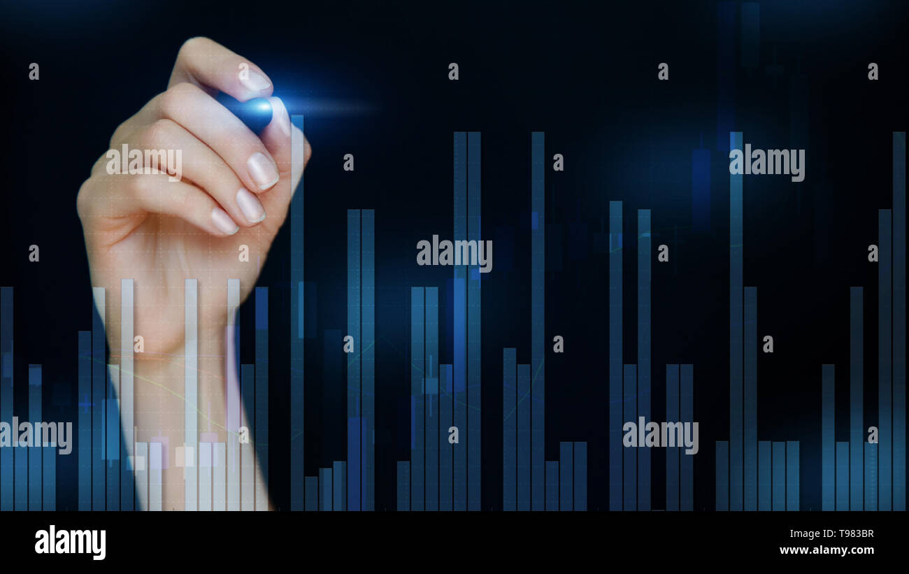 Female Hand Drawing Abstract Financial Charts O!   n Blurry Blue Dark - 