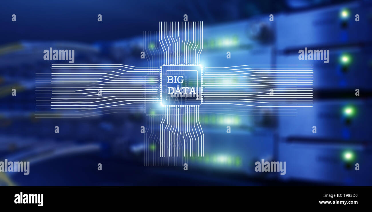 Big Data Concept on modern server room. Blue Technology Background Stock Photo