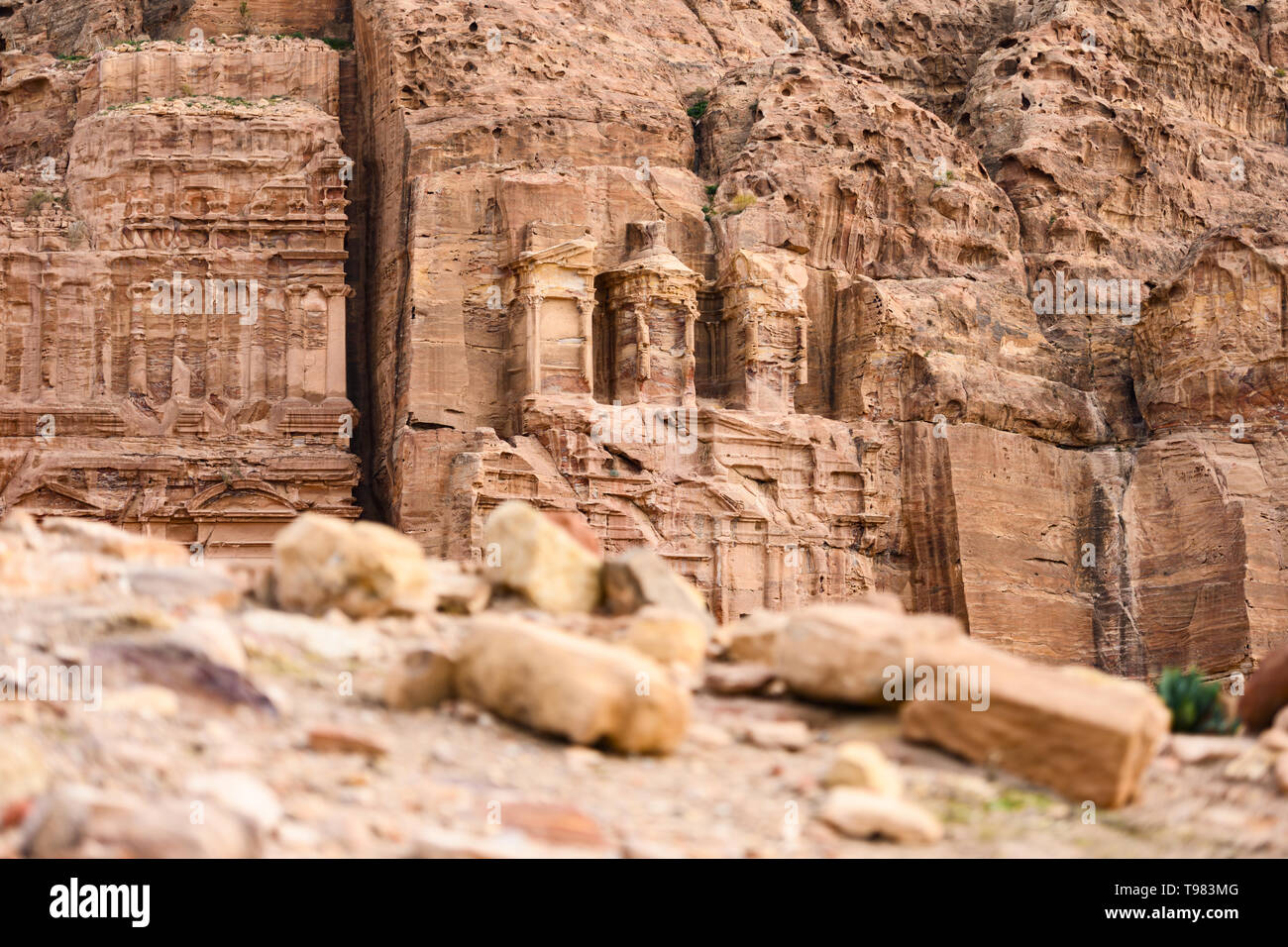 (Selective focus) Stunning view of a huge temple carved in stone in the beautiful Petra site. Stock Photo