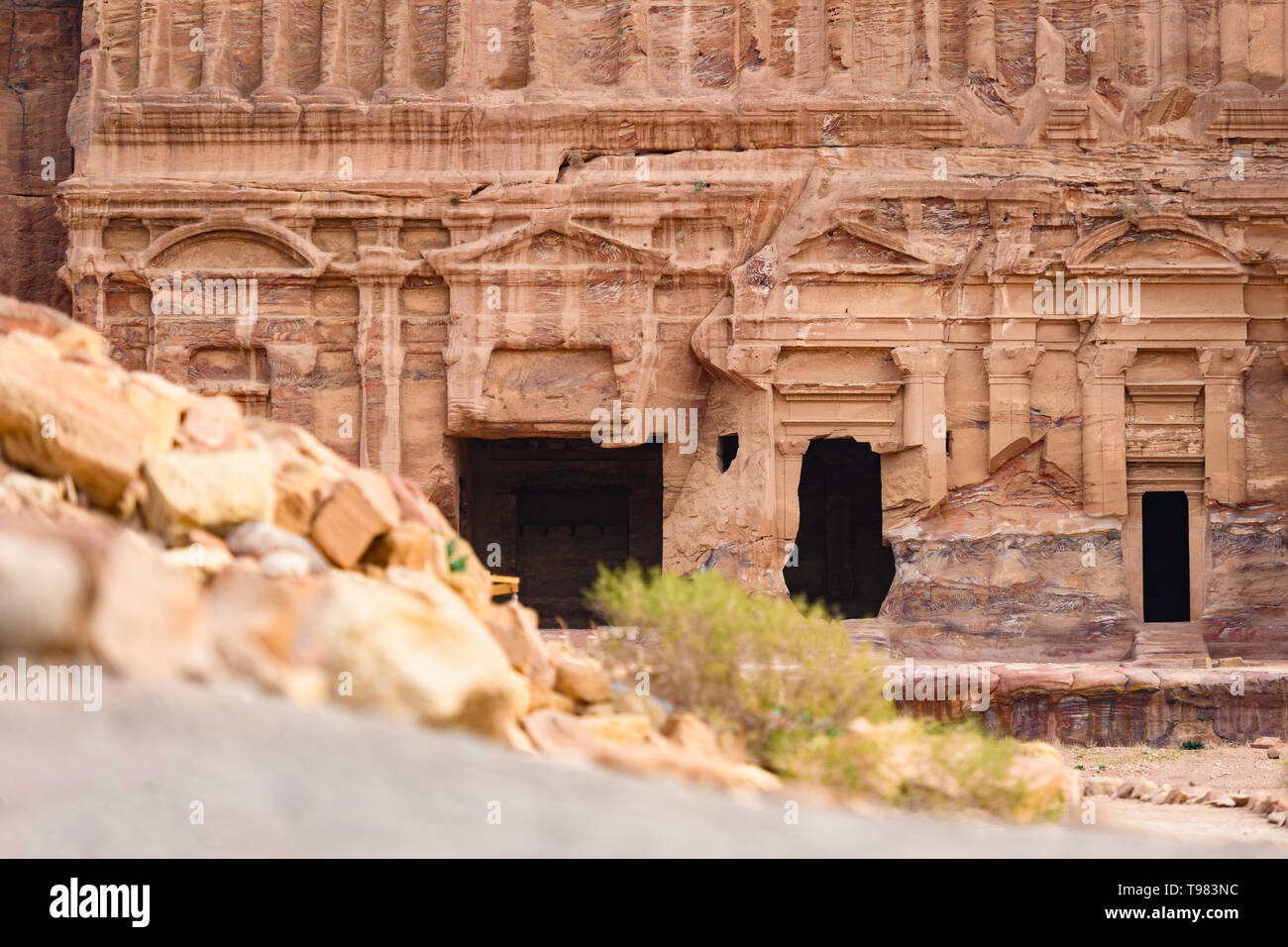 (Selective focus) Stunning view of a huge temple carved in stone in the beautiful Petra site. Stock Photo
