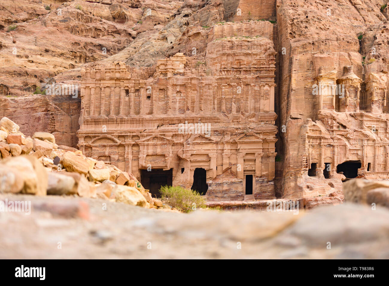 (Selective focus) Stunning view of a huge temple carved in stone in the beautiful Petra site. Stock Photo
