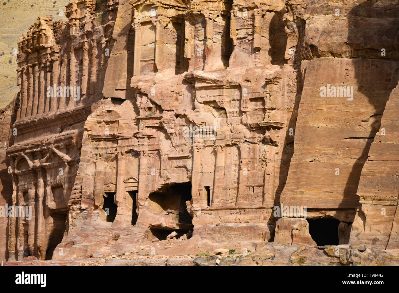 Stunning view of a huge temple carved in stone in the beautiful Petra site. Stock Photo