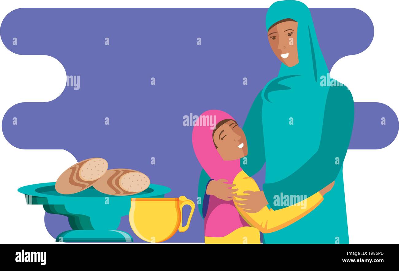 islamic mother with daughter and food vector illustration design Stock Vector