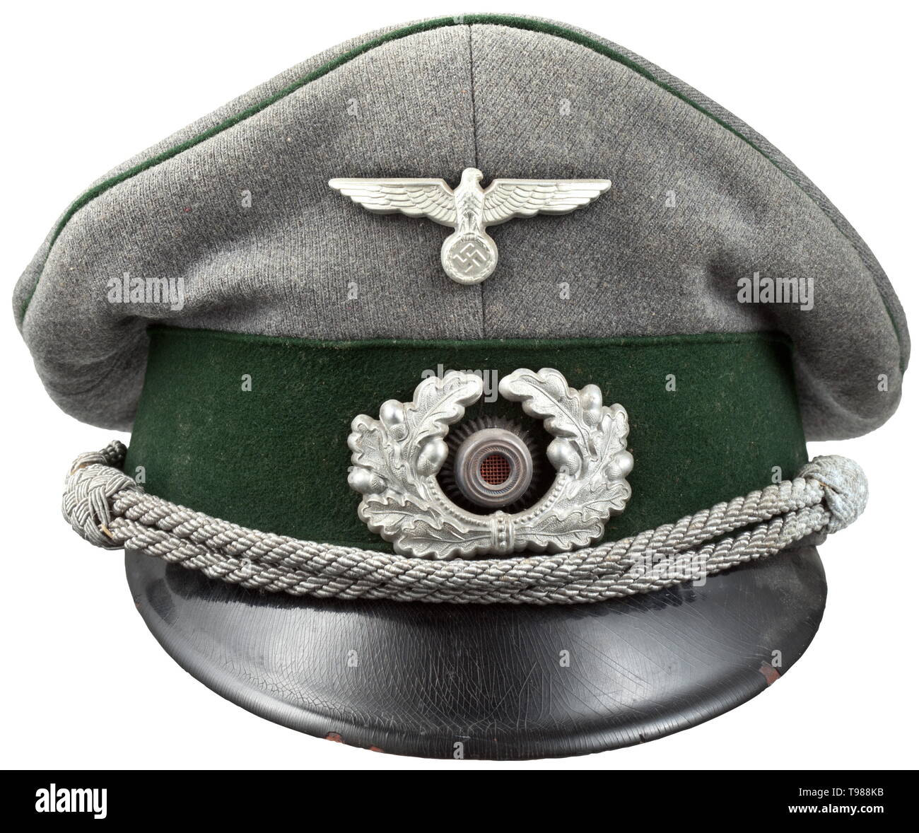 A visor cap for Wehrmacht forestry officials with officer rank Private purchase piece in field-grey cloth, dark green trim band and piping, beige silk liner, cap trapezoid with name tag, brown leather sweatband, aluminium insignia, officer cord. In lightly used condition. historic, historical, army, armies, armed forces, military, militaria, object, objects, stills, clipping, clippings, cut out, cut-out, cut-outs, 20th century, Editorial-Use-Only Stock Photo