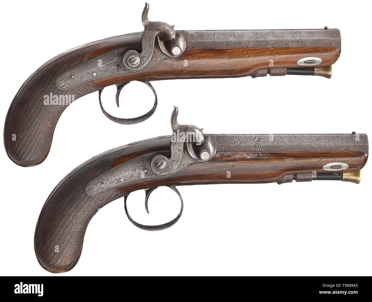 A pair of percussion pistols, Robert Dugard, Birmingham, circa 1833 - a present from the city of Birmingham to Constable G. C. Lingham Octagonal, smooth-bore Damascus barrels in 13 mm calibre with patent breechblocks. Florally engraved, back-action percussion locks, the lock plates signed 'ROBT. DUGARD MAKER BIRMM.' Walnut stocks with chequered butts and florally engraved trigger guards. Either pistol decorated on the opposite side of the lock with an engraved, inlaid silver plate reading 'G. C. LINGHAM CONSTABLE OF BIRMM: 1833 & 34.' Original ra, Additional-Rights-Clearance-Info-Not-Available Stock Photo