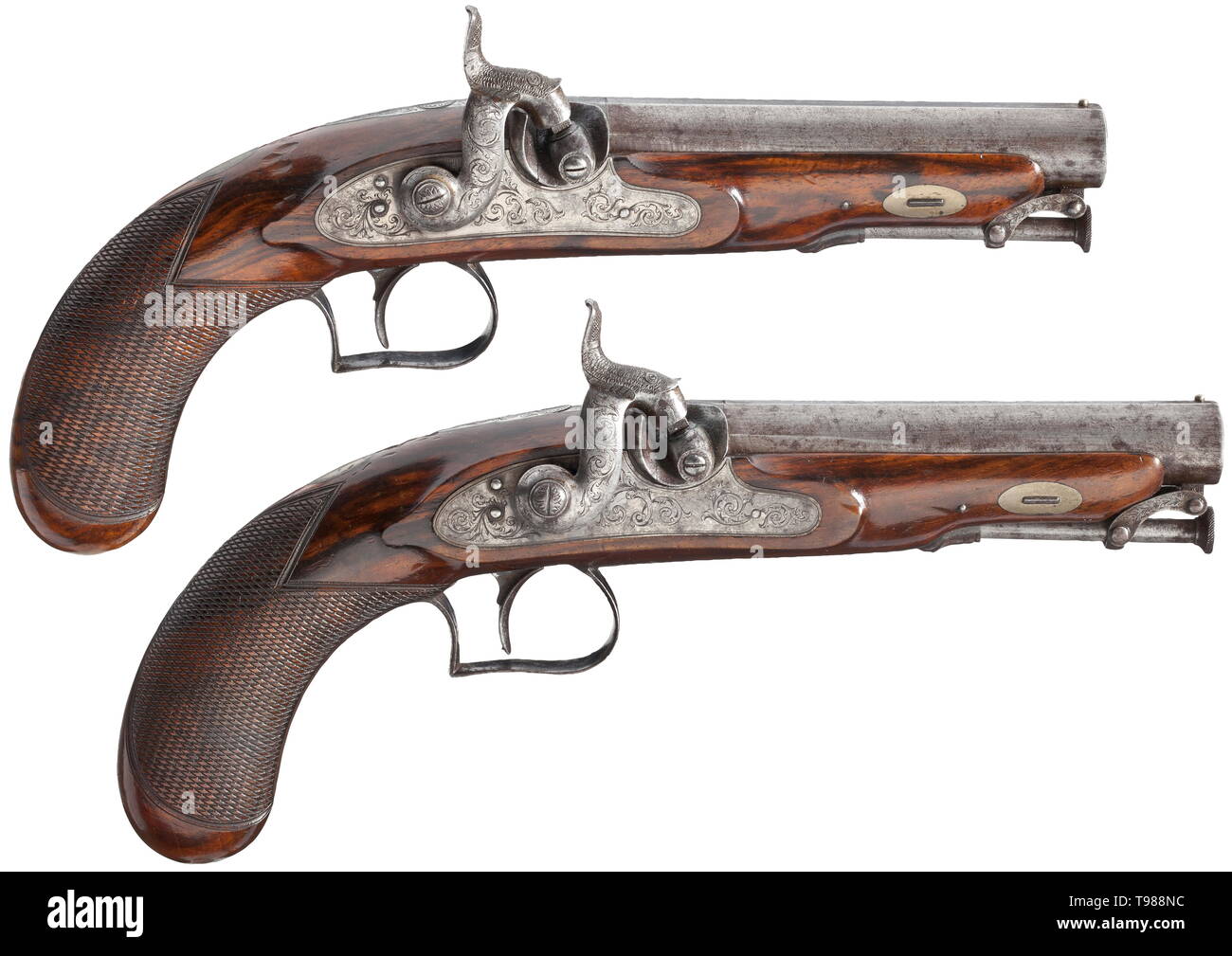 A pair of cased percussion pistols, a present to Constable John Boulton, Birmingham, 1839 Rifled barrels with flattened tops in 12.5 mm calibre, bores with good groove/land profile, engraved and decorated with gold band inlays over the chamber, the barrel tops featuring the owner's name. Percussion locks engraved with fine scrolling leaves. Beautifully grained walnut stocks with remains of bluing and en suite engraved iron furniture. Hinged ramrods. Length 24.5 cm. In slightly faded and rubbed, purple velvet-lined ma 19th century, Additional-Rights-Clearance-Info-Not-Available Stock Photo