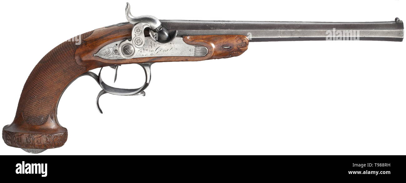 A percussion pistol, Gosset, Paris, circa 1830 Lightly swamped octagonal barrel with patent breechblock and hair-rifled bore in 12 mm calibre. Silver-inlaid signature 'FNI PAR GOSSET A PARIS' on barrel rib. Engraved percussion lock with back trigger and repeated signature (rubbed). Carved walnut stock with engraved iron mounting. Iron parts somewhat pitted in places, barrel somewhat dented. Length 41 cm. Louis Marin Gosset worked in Paris between 1822 - 1840, from 1793 - 1813 he was assistant to Nicolas Boutet. historic, historical, gun, guns, fi, Additional-Rights-Clearance-Info-Not-Available Stock Photo
