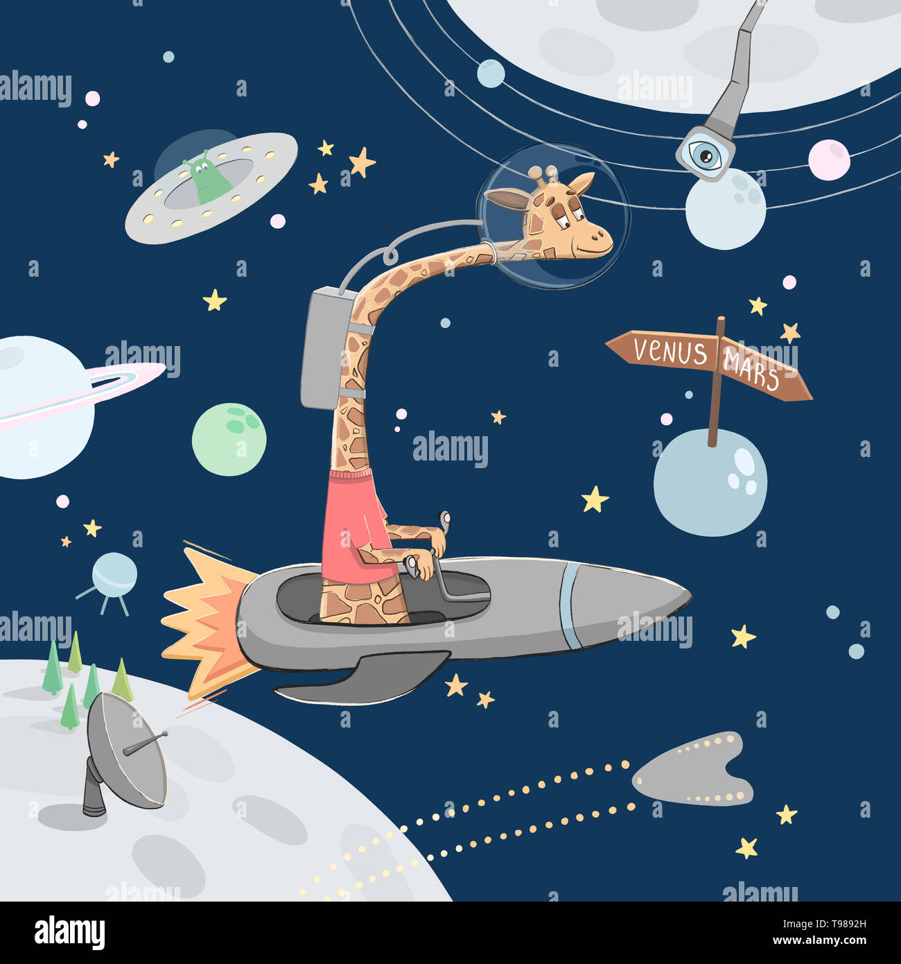 Giraffe in space. Kids animal. Nursery illustration Stock Photo