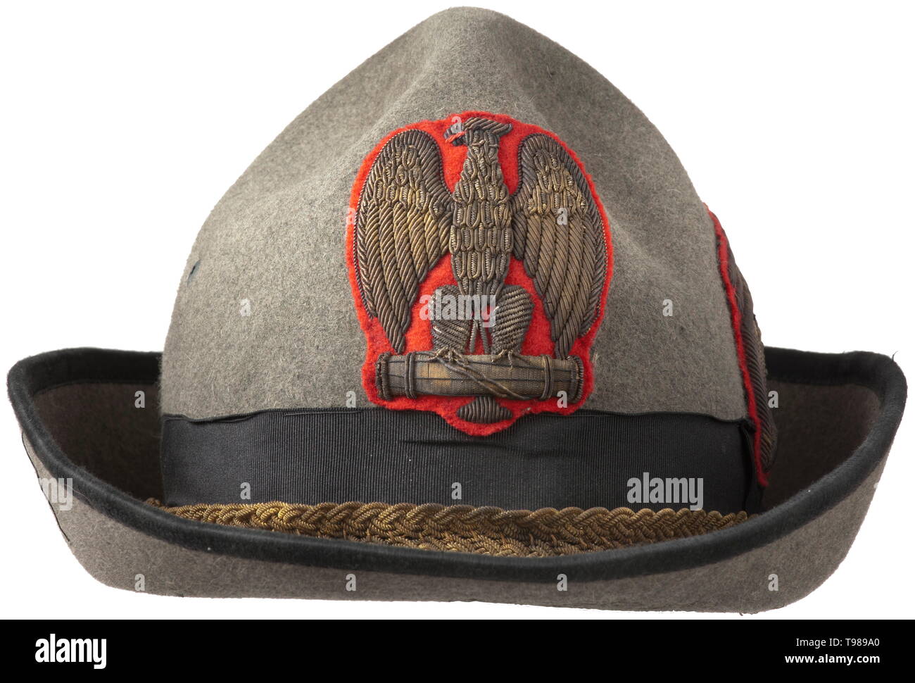 A head gear of "Alpini" type, issued after 1923 for a general of the  M.V.S.N. Grey-green cotton cloth, with lateral brim, golden hat cord,  hand-embroidered eagle with fasces in the talons, gold