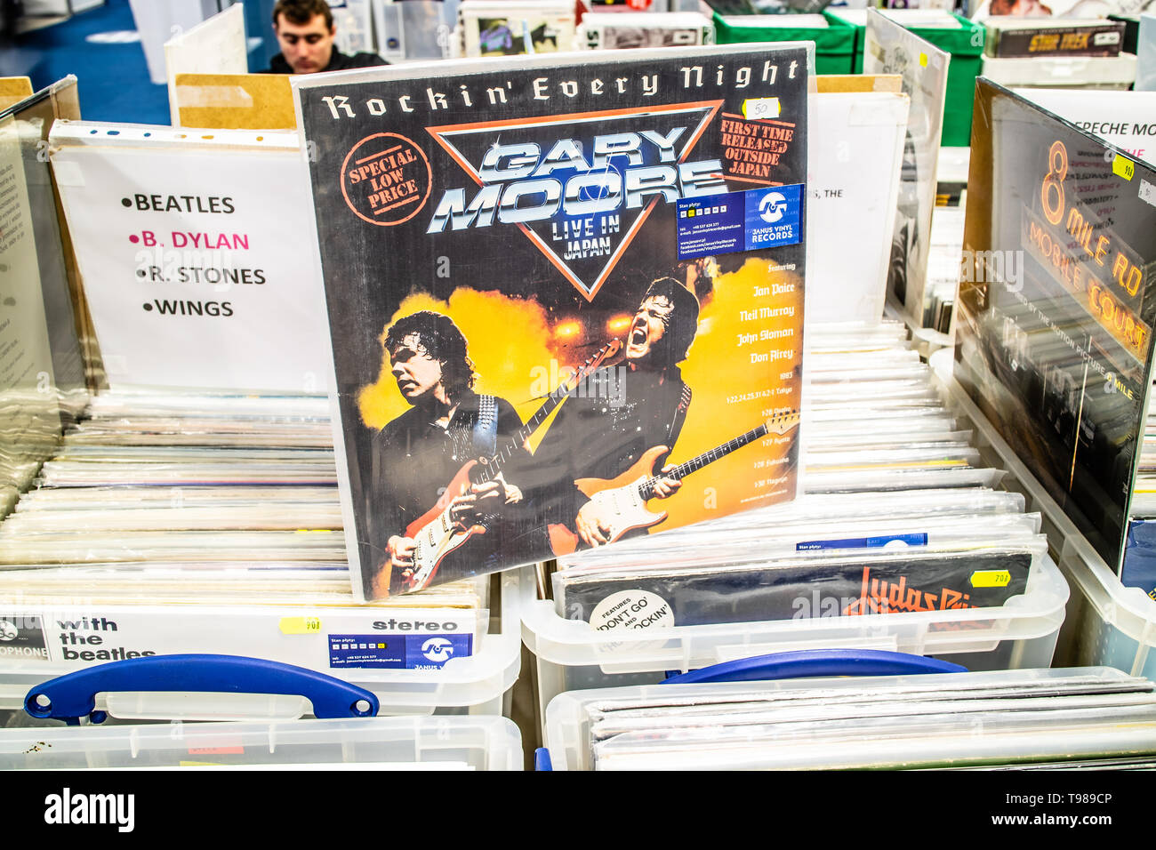 Nadarzyn, Poland, May 11, 2019 Gary Moore vinyl album on display for sale, Vinyl, LP, Album, Rock, Northern Irish guitarist, collection of Vinyls Stock Photo