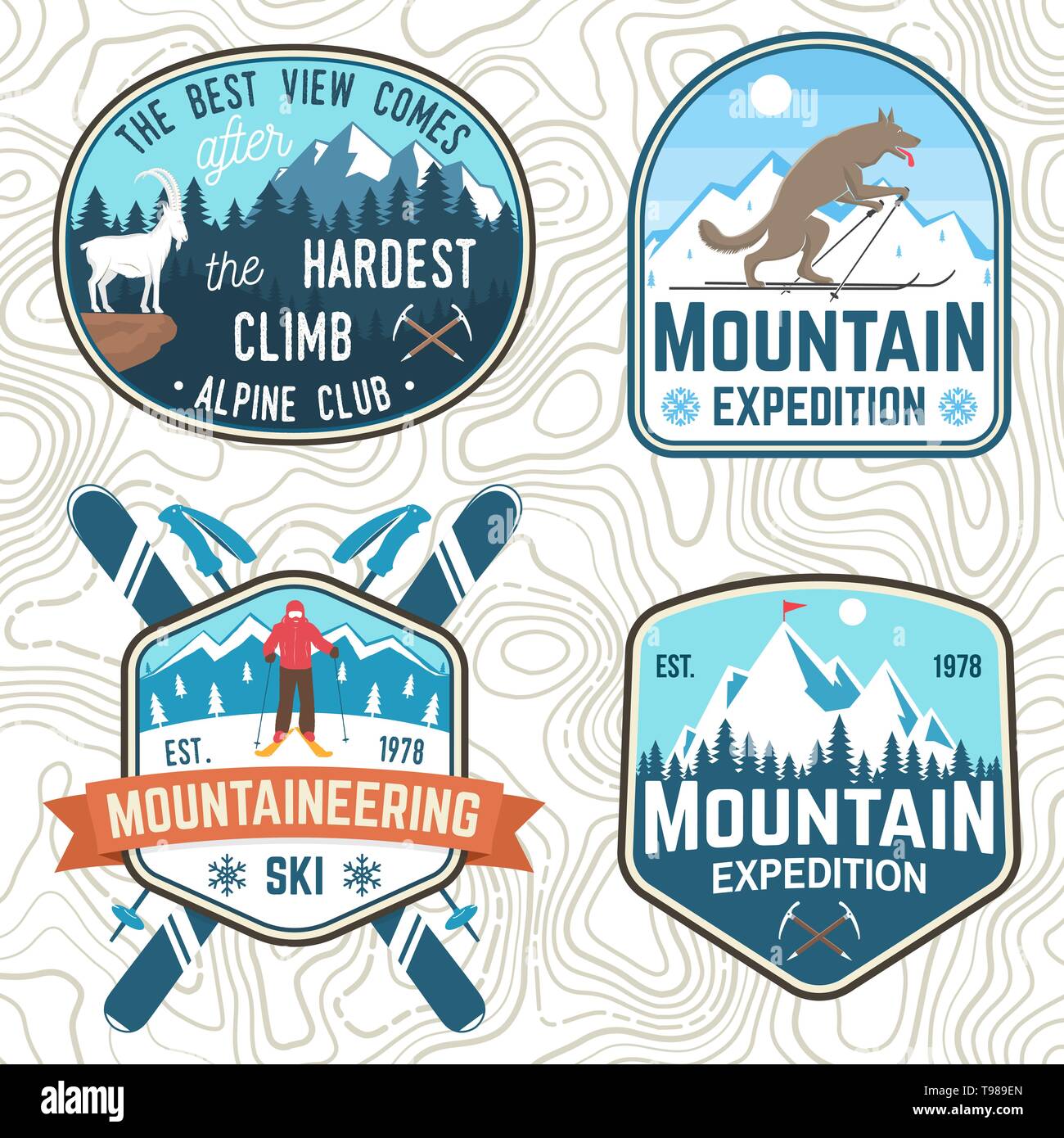 Set of mountain expedition and snowboard club patches. Vector. Concept for shirt or badge, print, stamp. Vintage typography design with mountaineers and mountain silhouette. Outdoors adventure emblems Stock Vector
