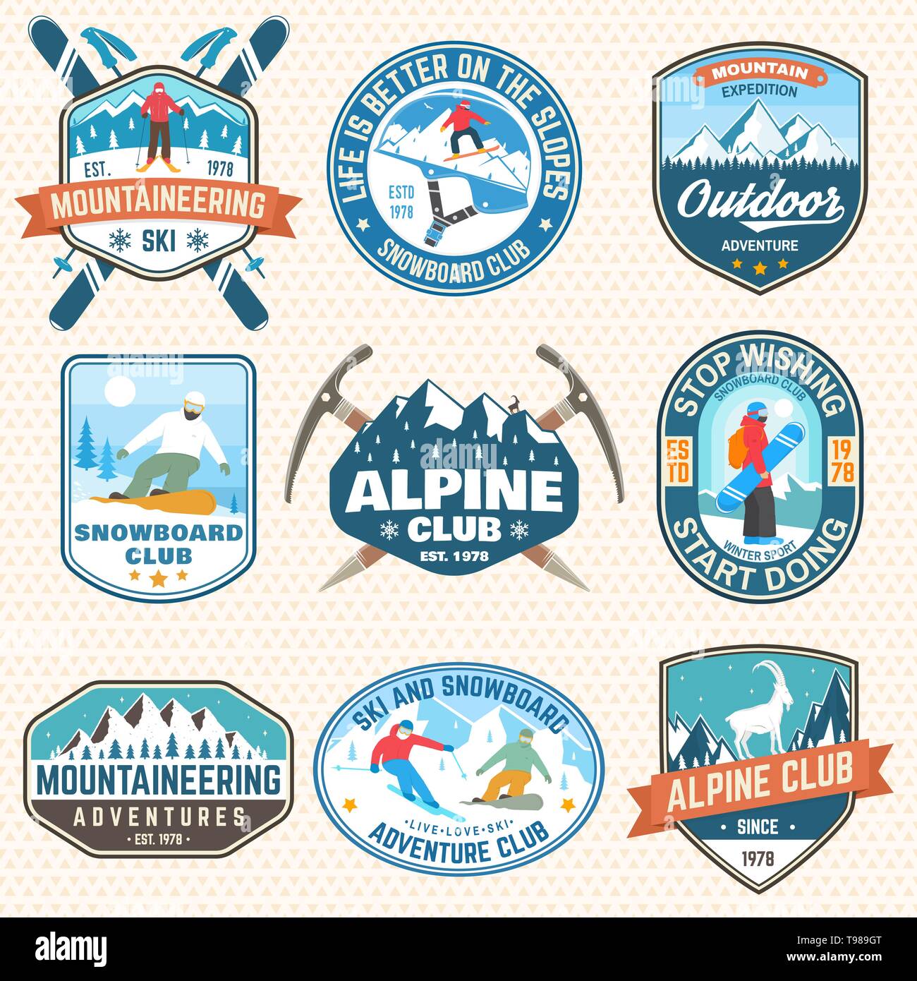 Set of mountain expedition and snowboard club patch. Vector. Concept for badge, print, stamp or tee. Vintage typography design with mountaineers and mountain silhouette. Outdoors adventure emblems. Stock Vector
