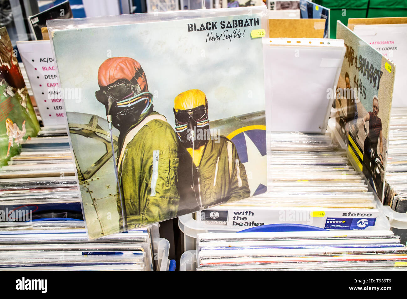 Nadarzyn, Poland, May 11, 2019 Black Sabbath vinyl album on display for sale, Vinyl, LP, Album, Rock, English rock band, collection of Vinyls Stock Photo