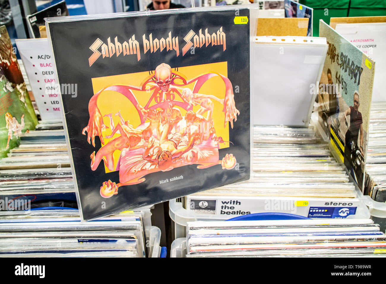 Nadarzyn, Poland, May 11, 2019 Black Sabbath vinyl album on display for sale, Vinyl, LP, Album, Rock, English rock band, collection of Vinyls Stock Photo
