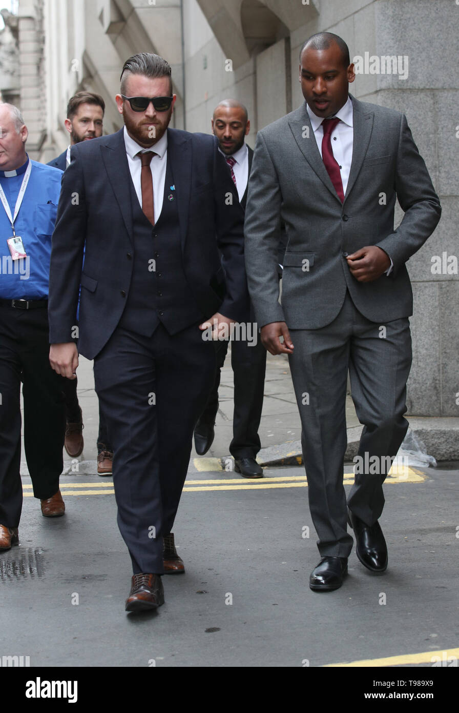 Pc Charlie Guenigault (left) and Pc Wayne Marques arrive at the Old Bailey in London where they will give evidence at the inquest into the London Bridge and Borough Market terror attacks. Stock Photo