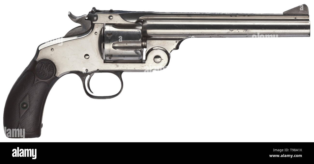 A Smith & Wesson New Model Number Three, 'Australian Model', nickel-plated Circa 1880. Cal. .44 S & W Russian, no. 23395. Matching numbers. Bright bore, length 6-1/2'. Prepared for detachable stock. On barrel rib two-line company address with patents. On buttstock beside serial number acceptance mark 'broad arrow'. Complete, partially spotted factory nickel plating with the exception of sights, hammer and trigger guard with colour-case hardening. Black hard rubber grip panels with logo. From delivery of 30 weapons of this kind to the Australian C, Additional-Rights-Clearance-Info-Not-Available Stock Photo