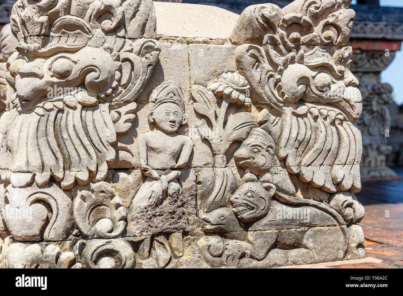 Stone carving at Taman Gili Kertha Gosa, remains of a royal palace. Semarapura, Klungkung, Bali, Indonesia. Stock Photo