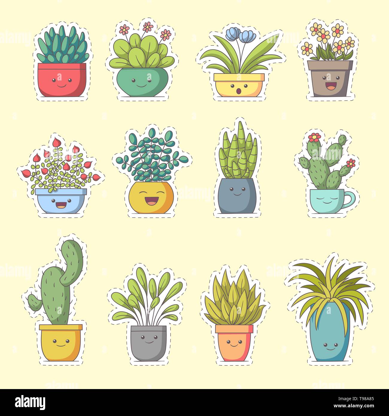 Plants sticker. Set of cute cartoon characters. Vector collection for stickers, patches, badges, pins. Hand drawn style doodle. Stock Vector