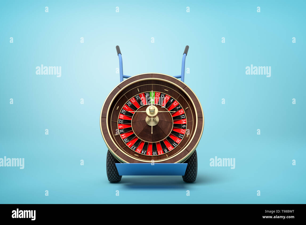 3d rendering of navy blue hand truck standing upright with casino roulette wheel on it on light-blue background. Stock Photo