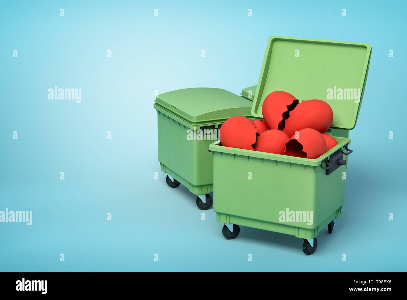 3d rendering of two green trash cans, front can open and full of broken valentine hearts, on light-blue background. Stock Photo