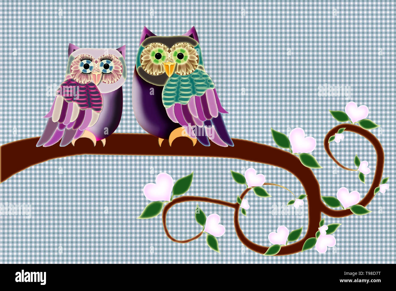 Illustration of 2 owls on a branch. The branch has blossoms in heart ...