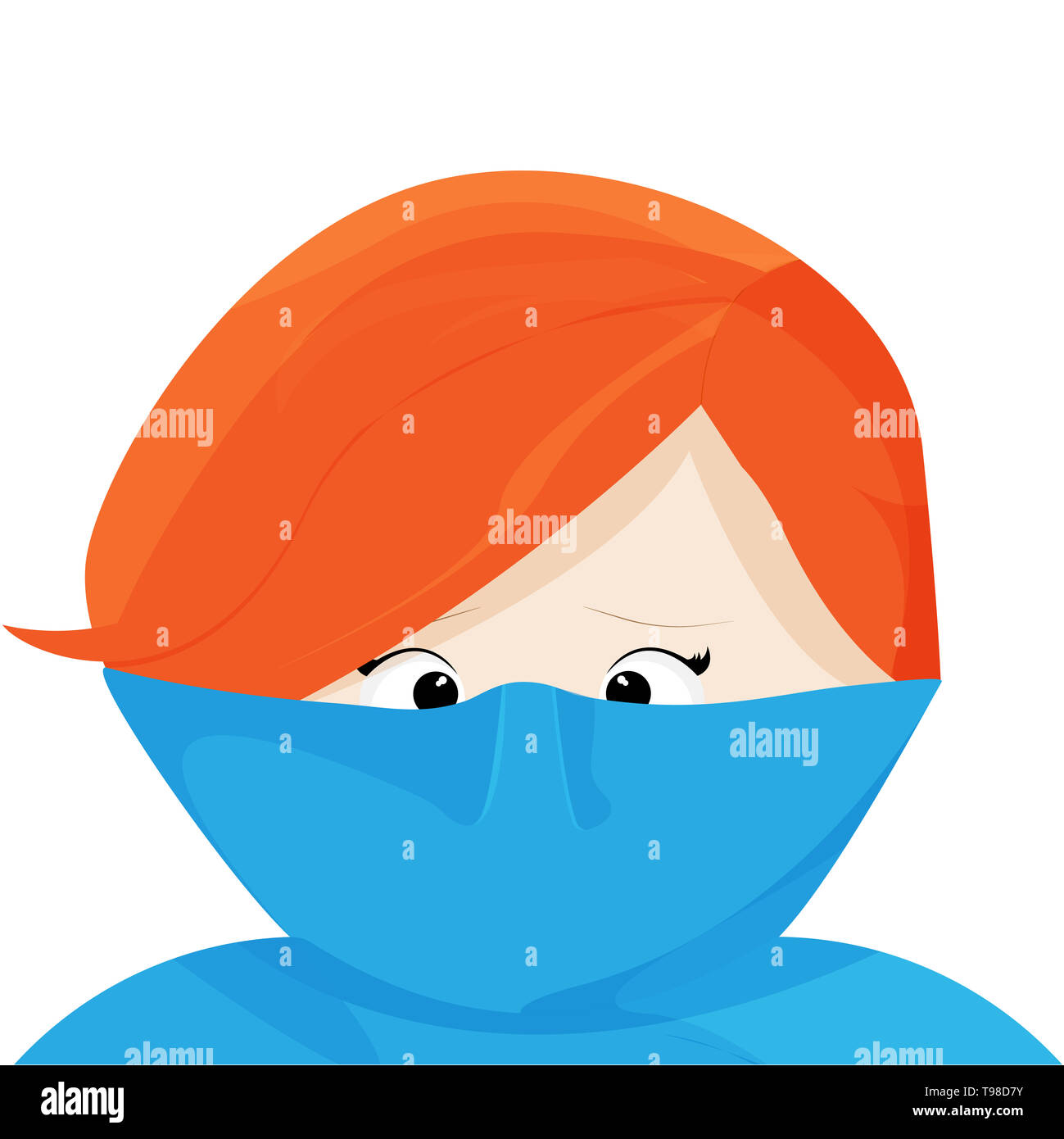 Funny illustration about fashion. A red haired young woman puts on a turtleneck sweater. The turtleneck is tight and long, the woman's nose gets stuck Stock Photo