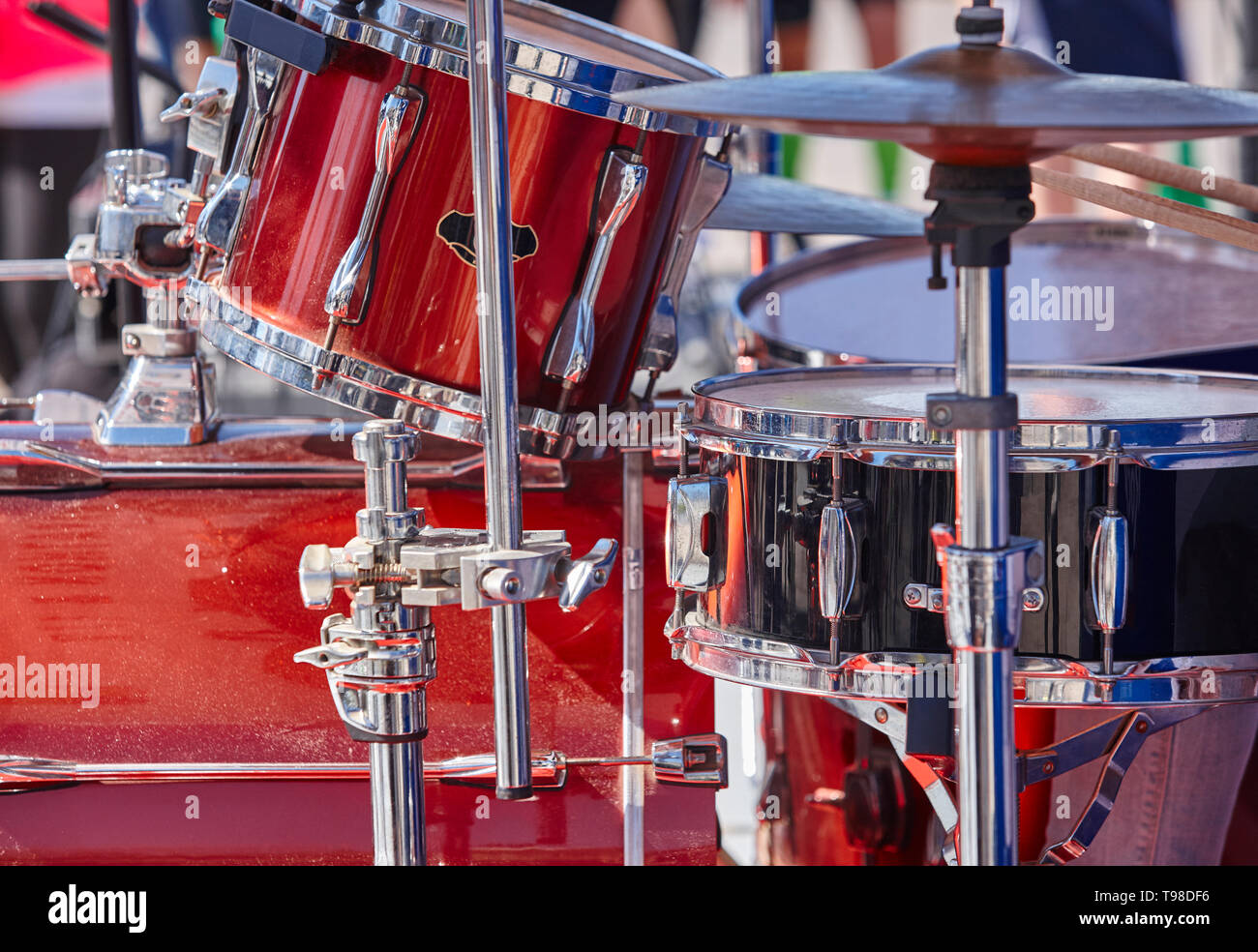 Rock stage with red drums detail. Percussion instruments. Concert Stock