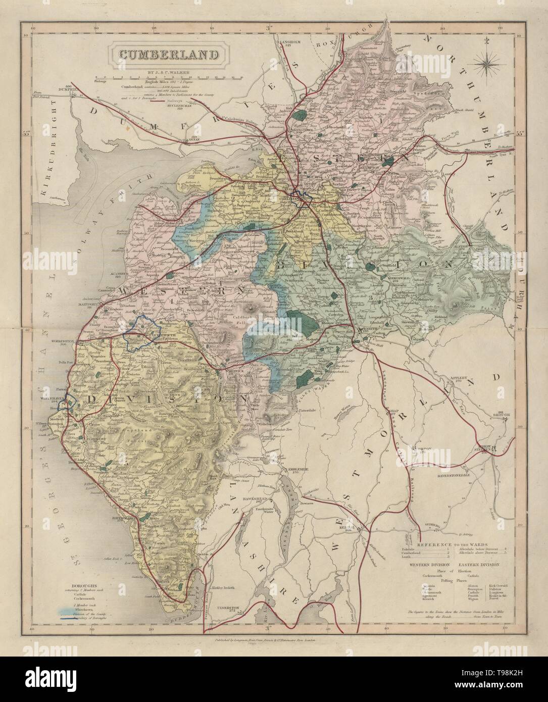 Cumberland antique county map by J & C Walker. Railways & boroughs 1868 Stock Photo Alamy