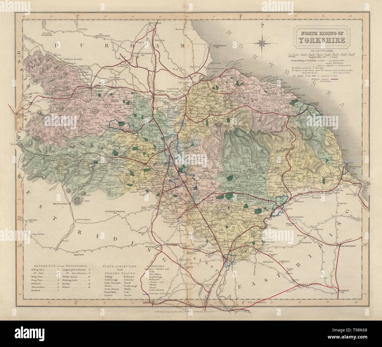 North Riding of Yorkshire antique county map by J & C Walker. Railways ...