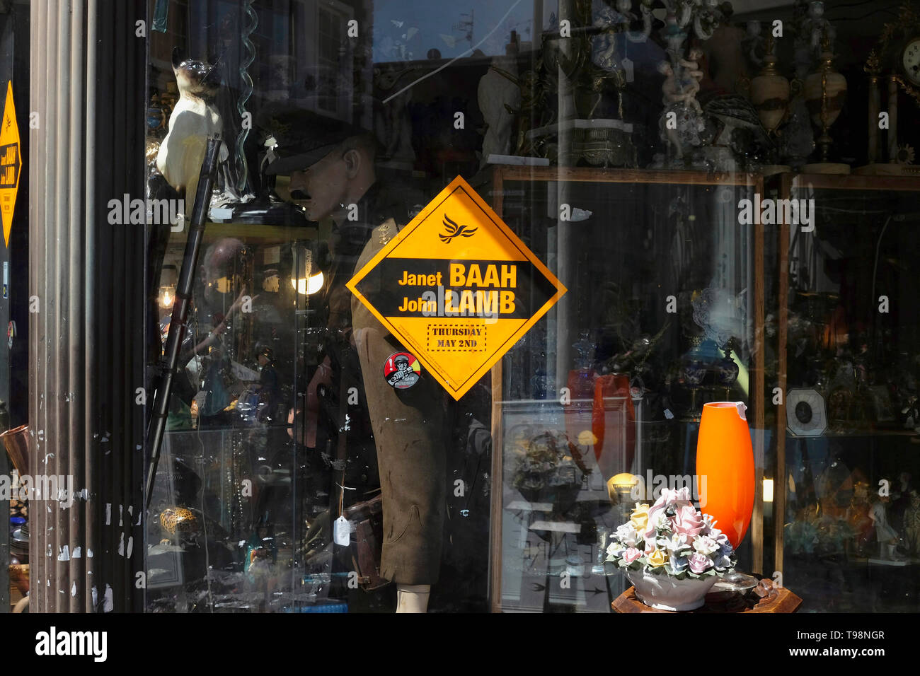 England, East Sussex, Lewes, Liberal Democrat election poster in shop window, Janet Baah and John Lamb, 2nd May 2019. Stock Photo
