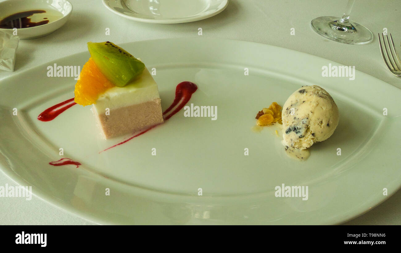 Ice cream and fruit cake desserts Stock Photo Alamy