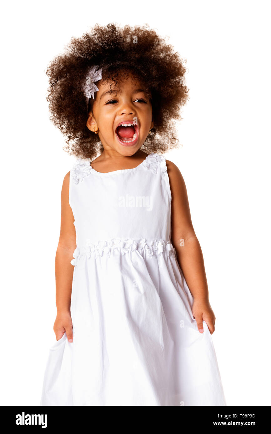 Portrait of cute cheerful african american little girl, isolated over ...