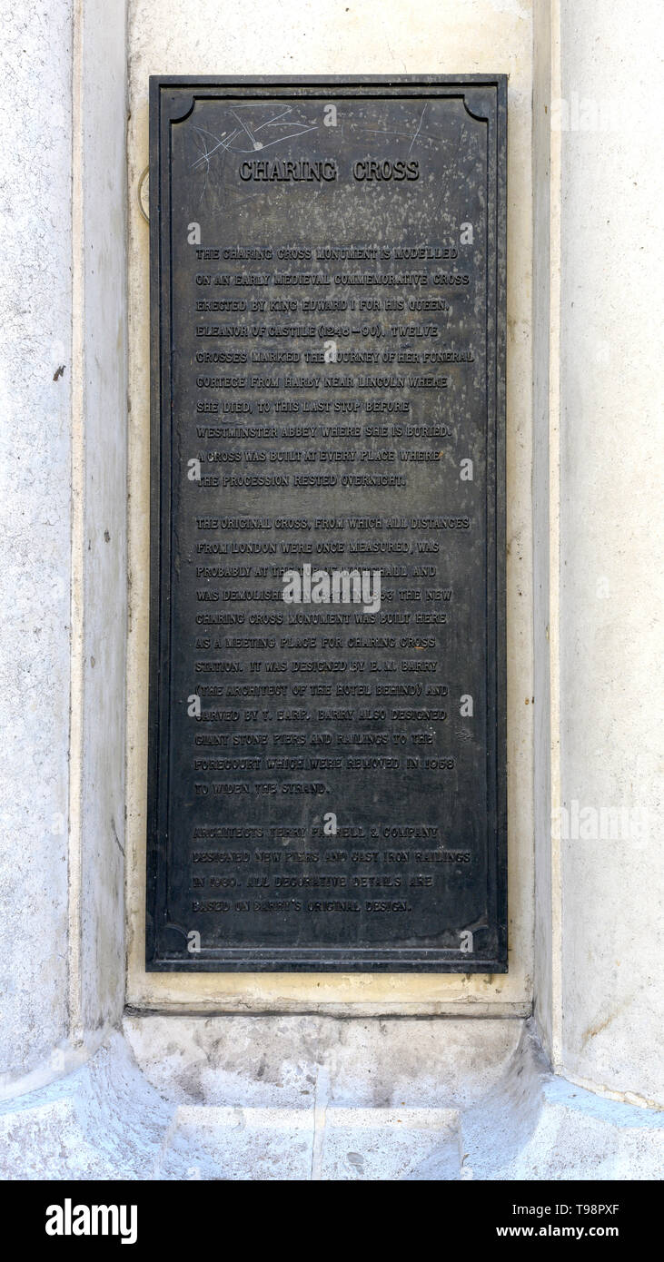Historic heritage plaque at Charing Cross, City of Westminster, London, England, UK. Stock Photo