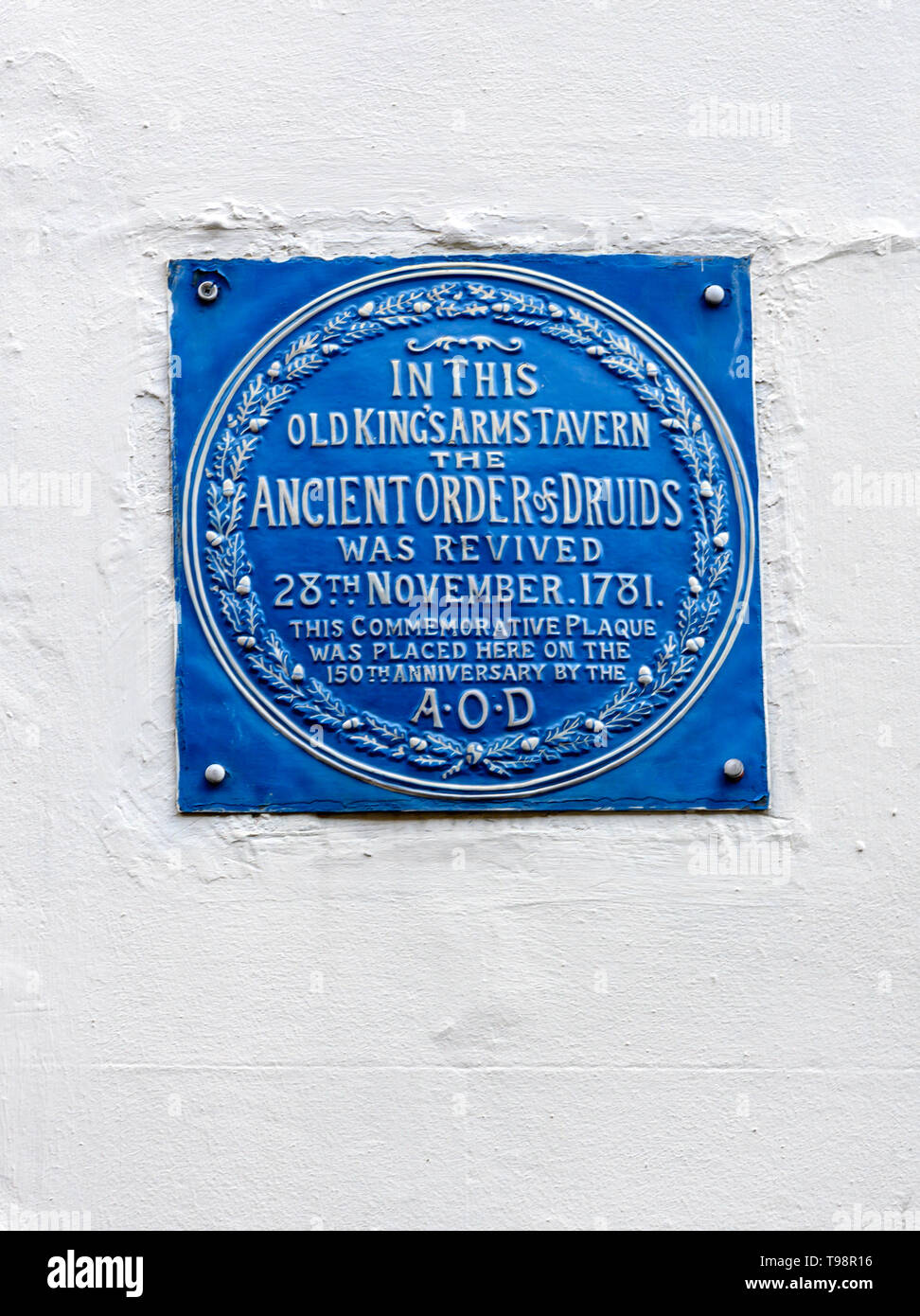 Plaque marking the tavern where the ancient order of druids was revived in 1781, Poland Street, Soho, London, England, UK. Stock Photo