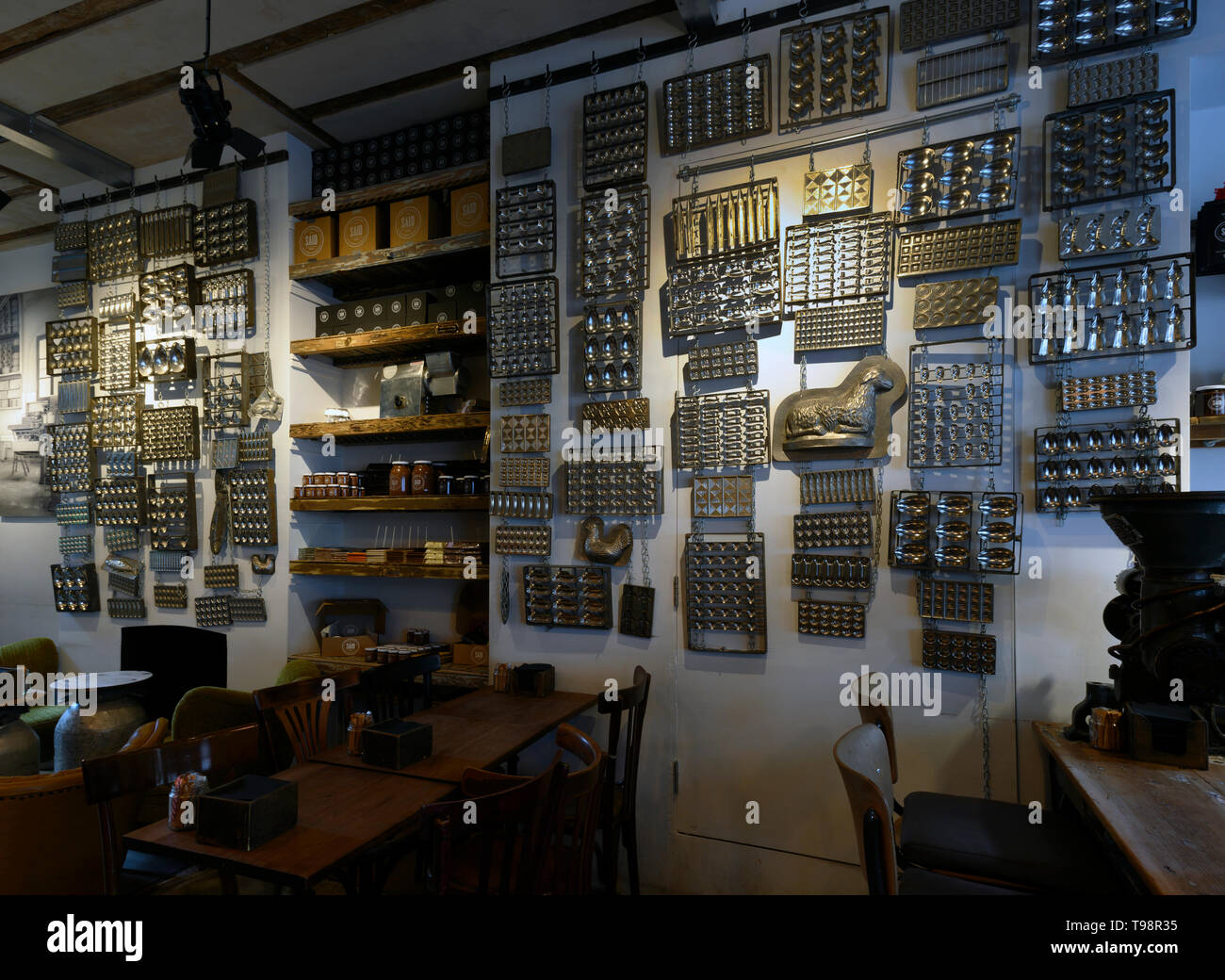 Interior of Said Italian chocolate restaurant showing chocolate moulds on display, 41 Broadwick Street, Soho, London, England, UK Stock Photo