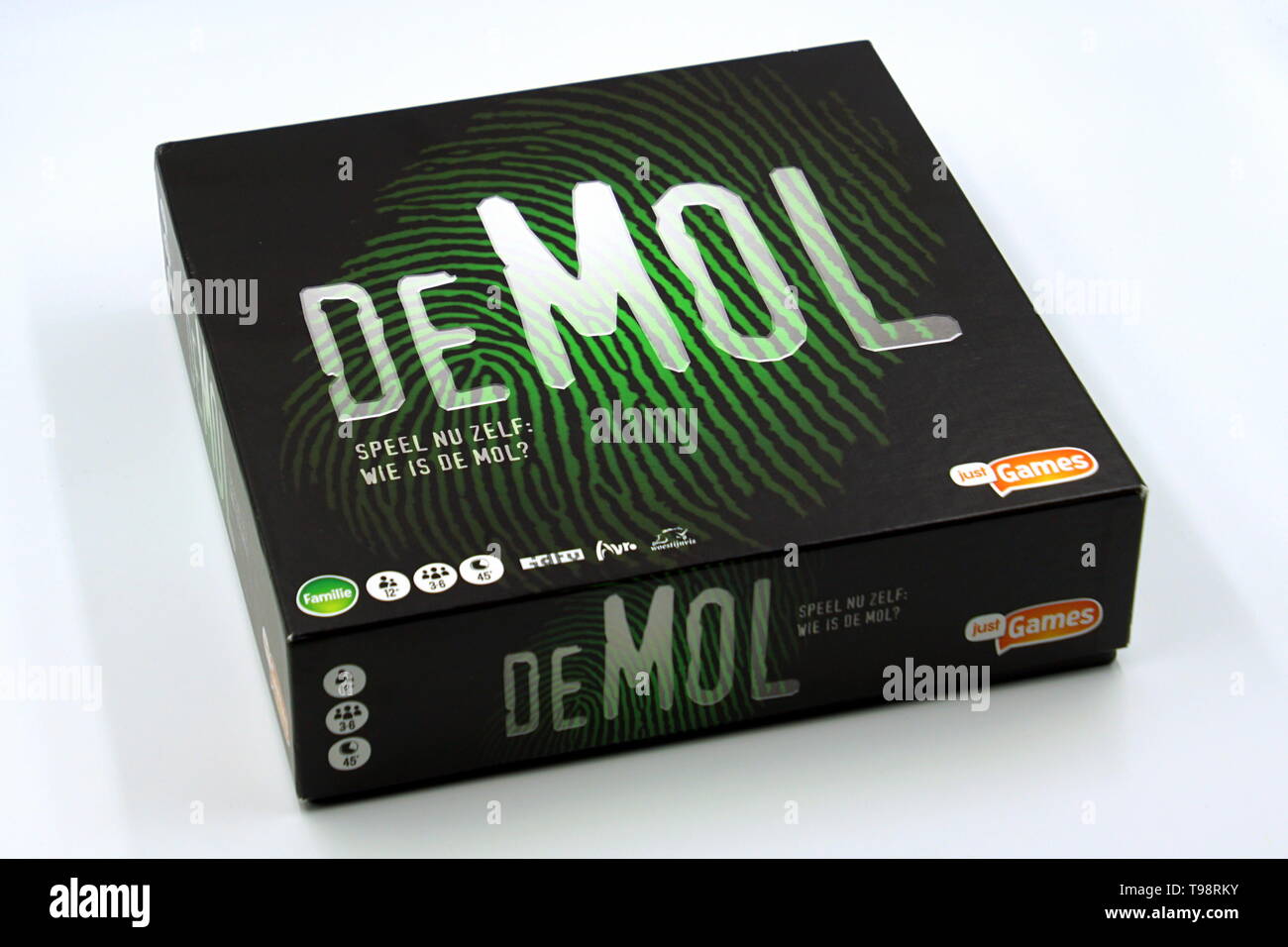 Amsterdam, the Netherlands - February 21, 2019: Populair Dutch board game Wie is de Mol? against a white background. Stock Photo