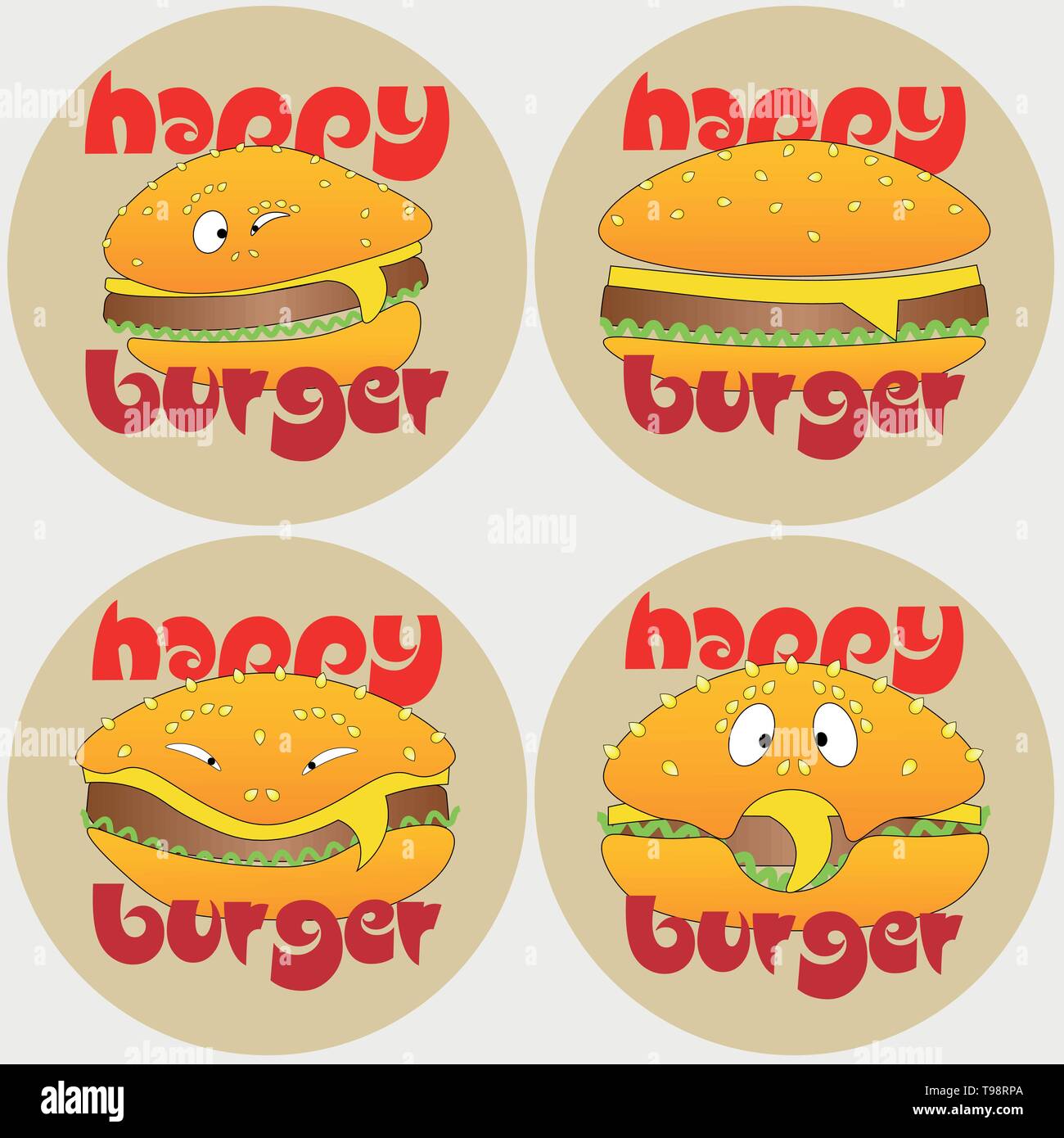 set of burger logo with different emotions happy burger Stock Vector