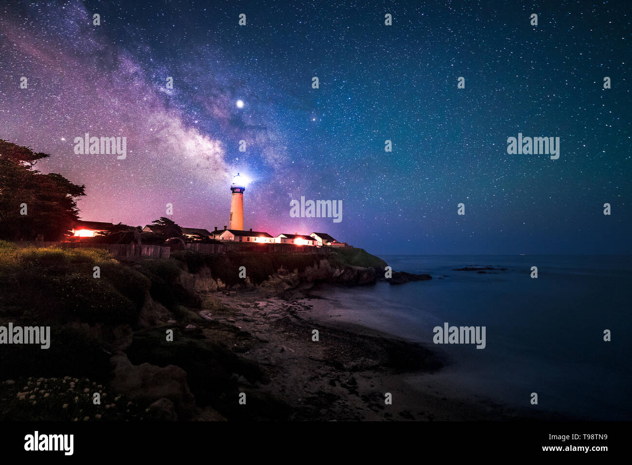 Starry night and Milky Way at Pigeon Point Lighthouse, Pescadero, California, USA Stock Photo