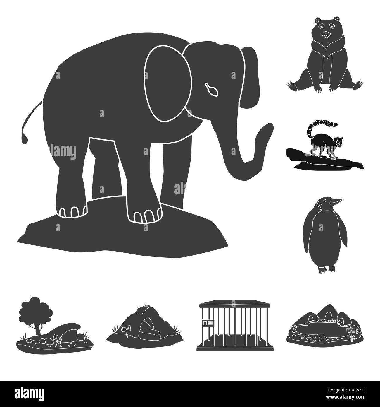 elephant,bear,lemur,penguin,trees,cave,cell,lake,cute,brown,monkey,white,sand,empty,pool,nursery,Africa,mound,grizzly,jail,water,sleep,tree,wild,grass,rock,metal,stone,fauna,entertainment,zoo,park,safari,animal,forest,nature,fun,flora,set,vector,icon,illustration,isolated,collection,design,element,graphic,sign,black,simple Vector Vectors , Stock Vector