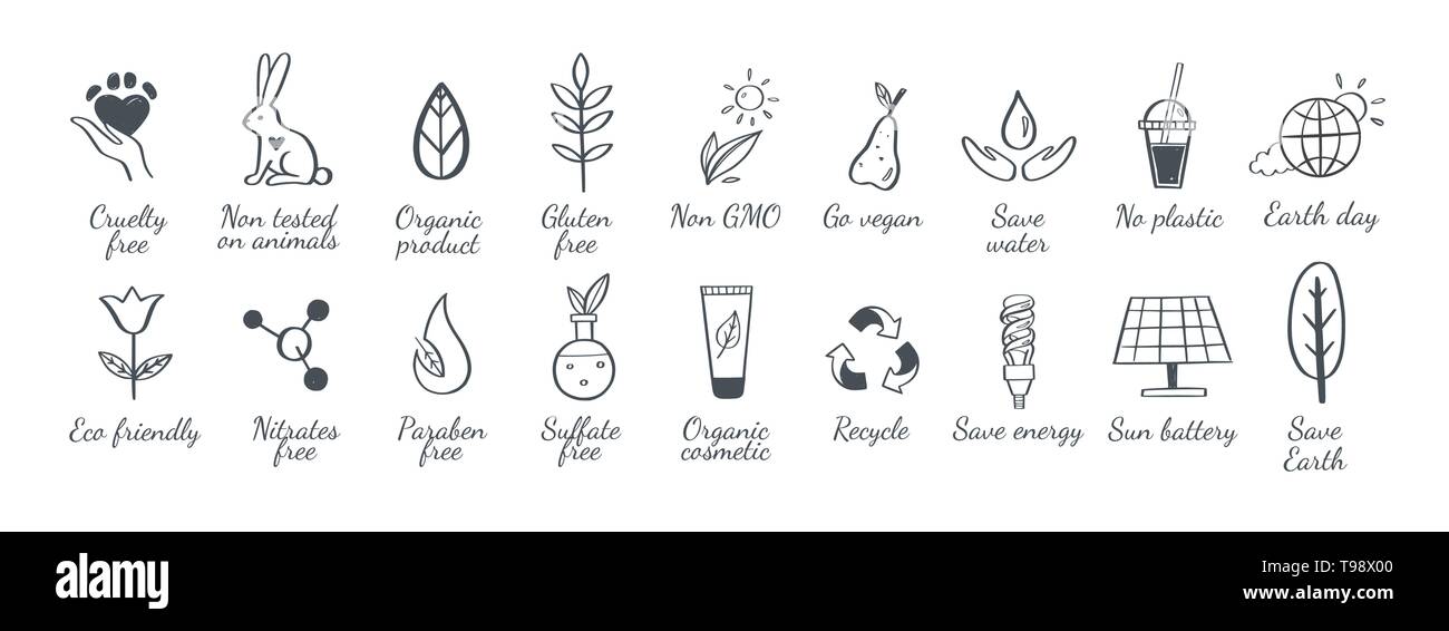 Eco friendly, ecology vector hand drawn icons set. Organic cosmetics, zero waste, save earth and healthy lifestyle Stock Vector