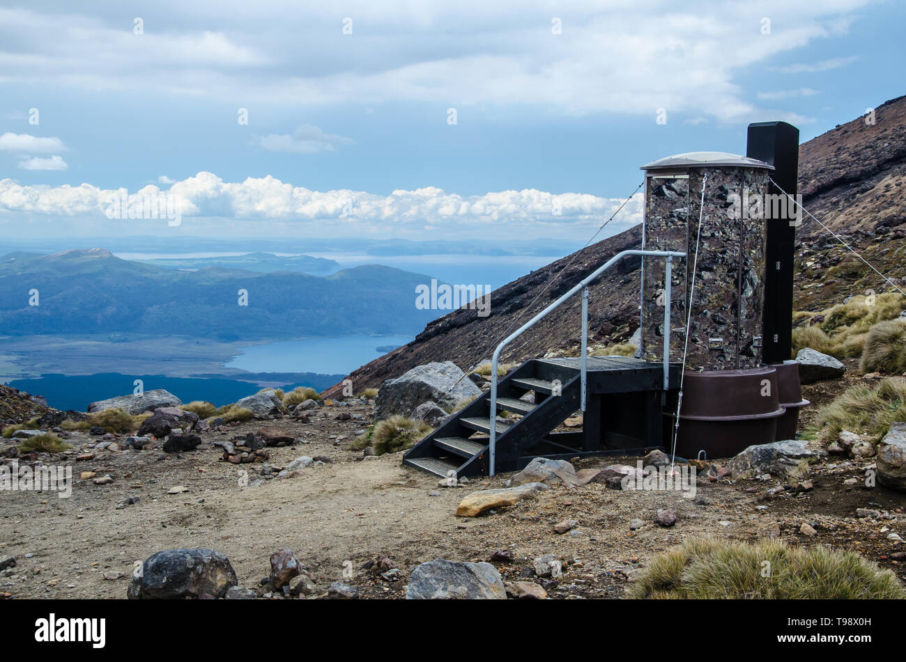 Toilets at Tongariro Alpine Crossing hike with lake Rotoaira and Taupo