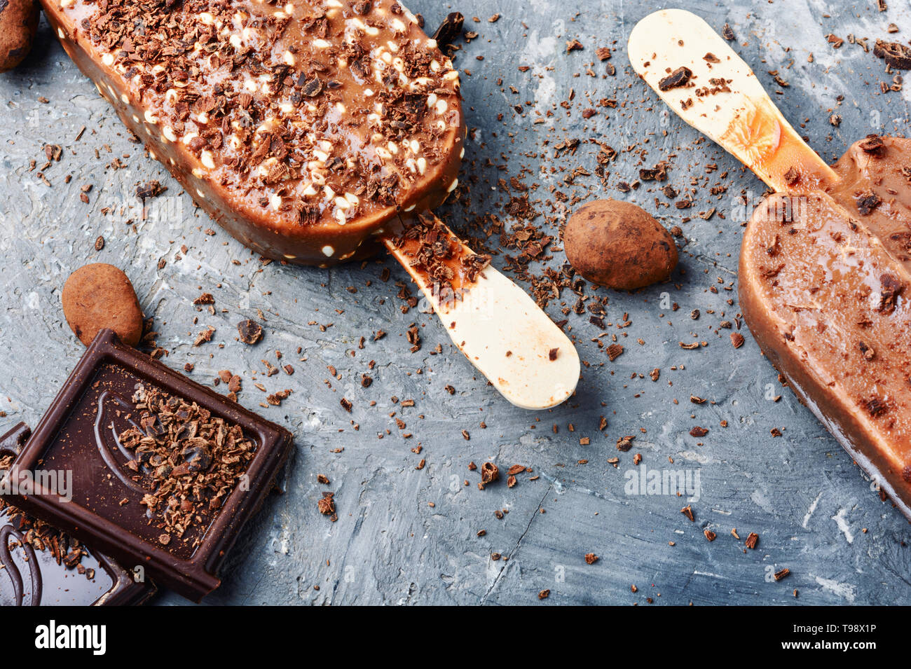 Chocolate ice cream on a stick.Classic chocolate ice cream Stock Photo