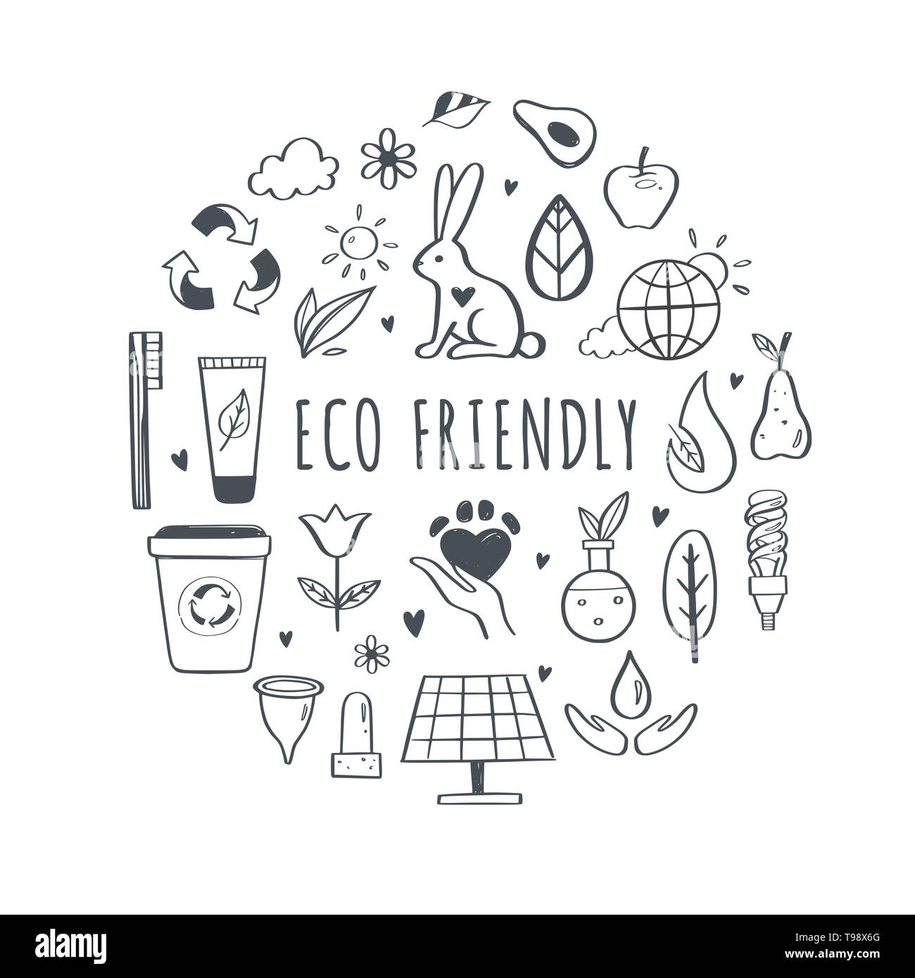 Eco friendly, ecology vector hand drawn icons set. Organic cosmetics, zero waste, save earth and healthy lifestyle sign Stock Vector