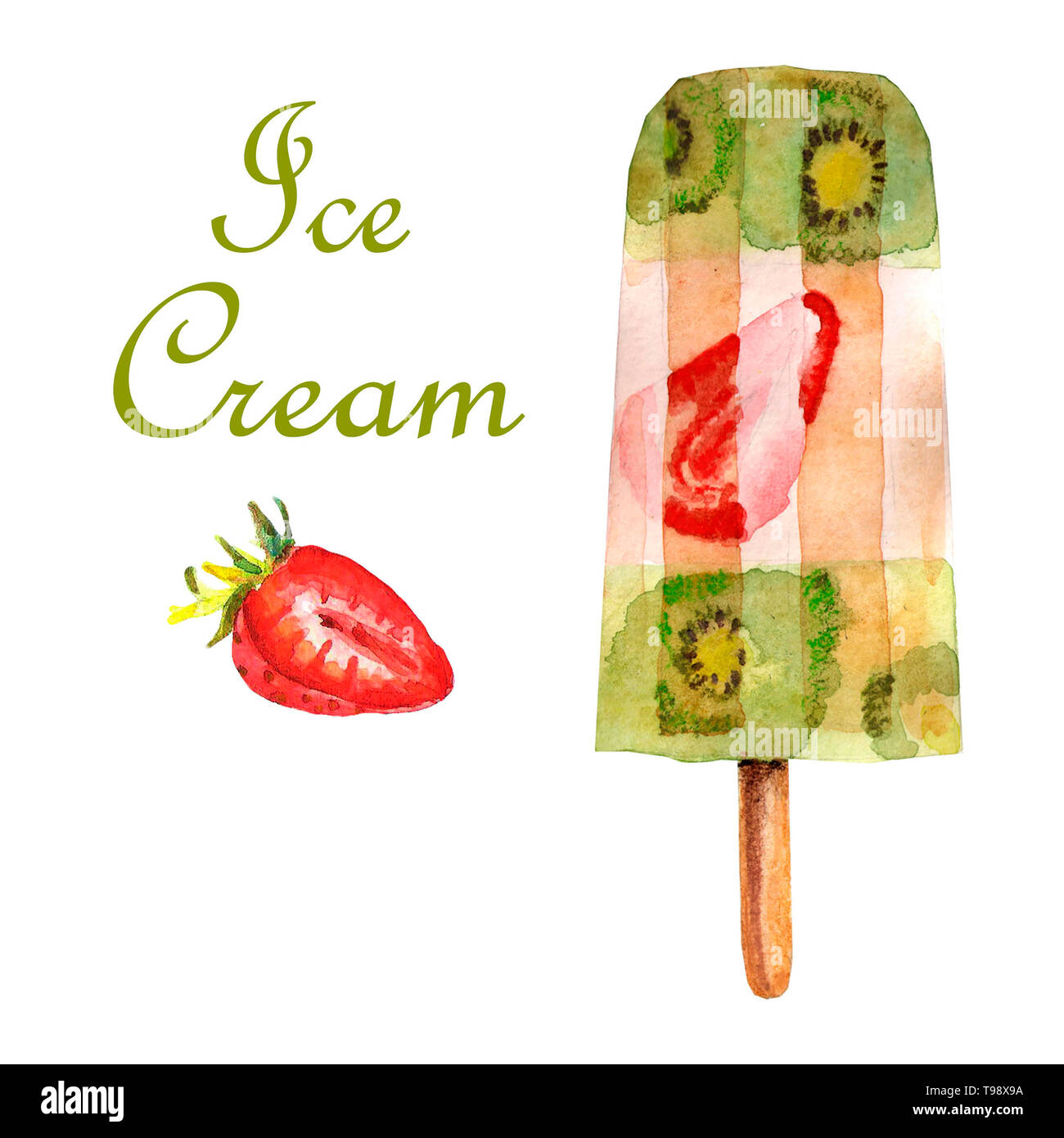 Watercolor summer food illustration. A delicious fruit ice with strawberry Stock Photo